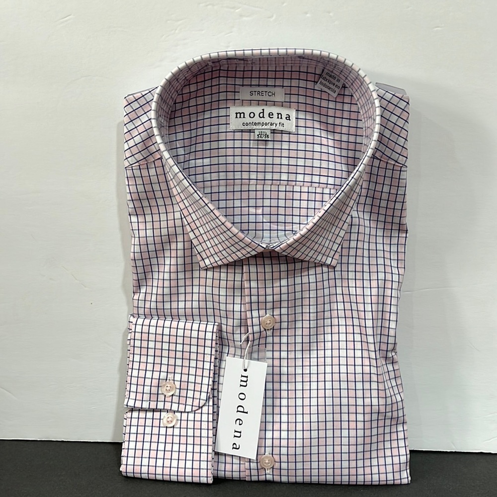 Modena contemporary fit mens long sleeve shirt 18.5-34/35 pink/navy/wht checkNWT